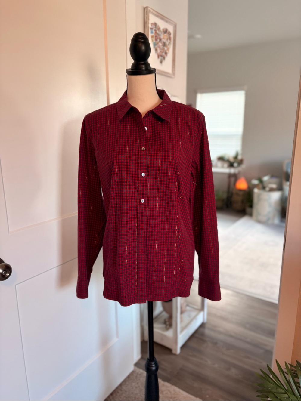 Red Patterned Button-Up Shirt